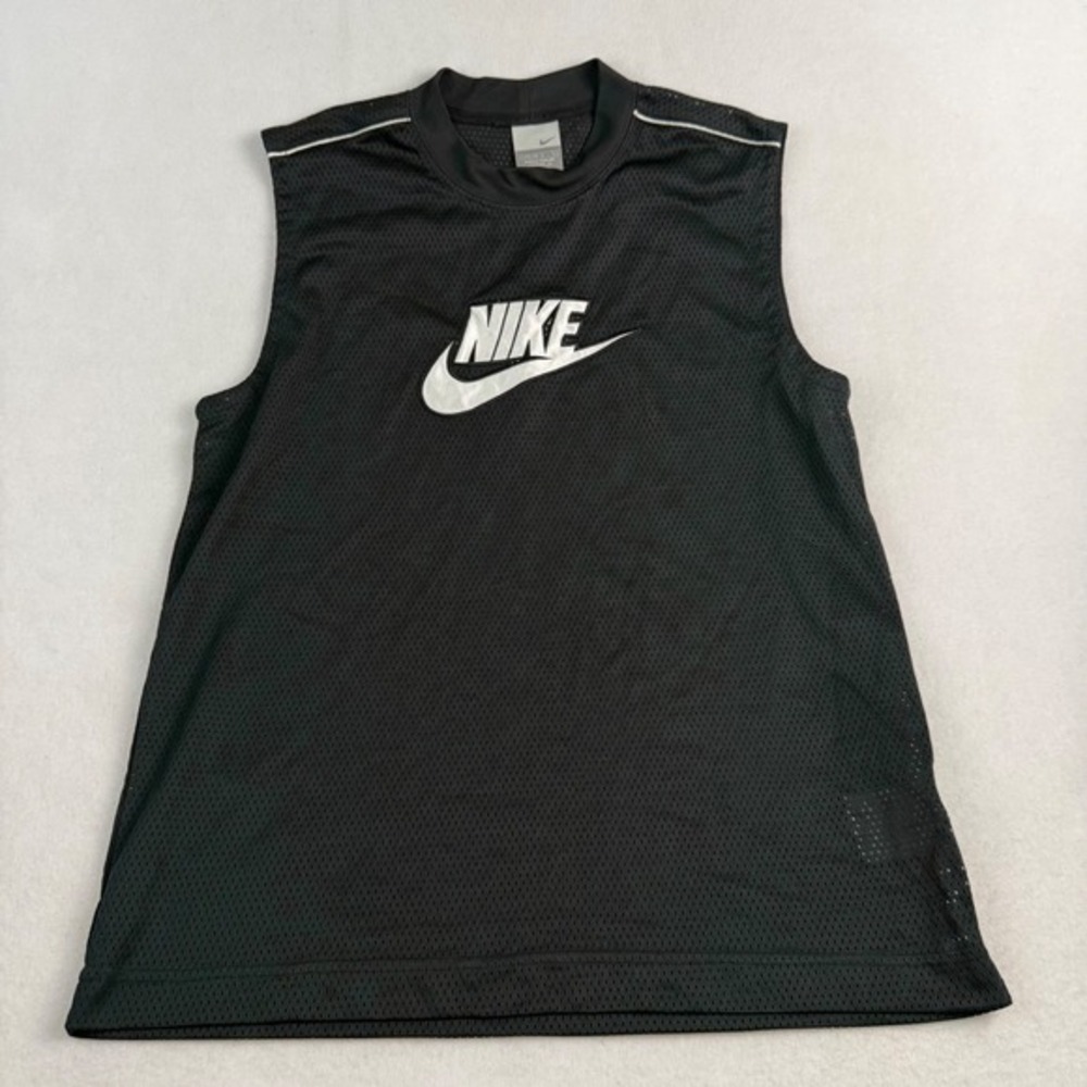 Nike Mens Black Mesh Sleeveless Training Shirt Large L 14-16 Embroidered Logo